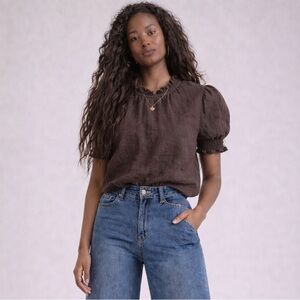 J. Crew Chocolate Brown Puff-Sleeve Linen Blend Blouse